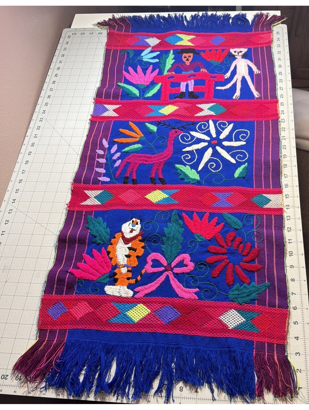 Handmade Woven Folk Art Tapestry Flowers, Pink Panther, Tony